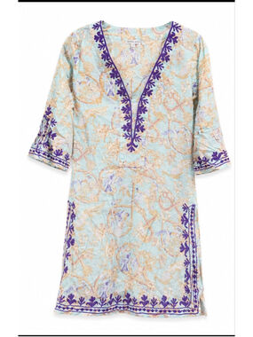 Debbie Katz South Beach XS 100% Cotton Tunic Dress Blue Floral Embroidered Beach